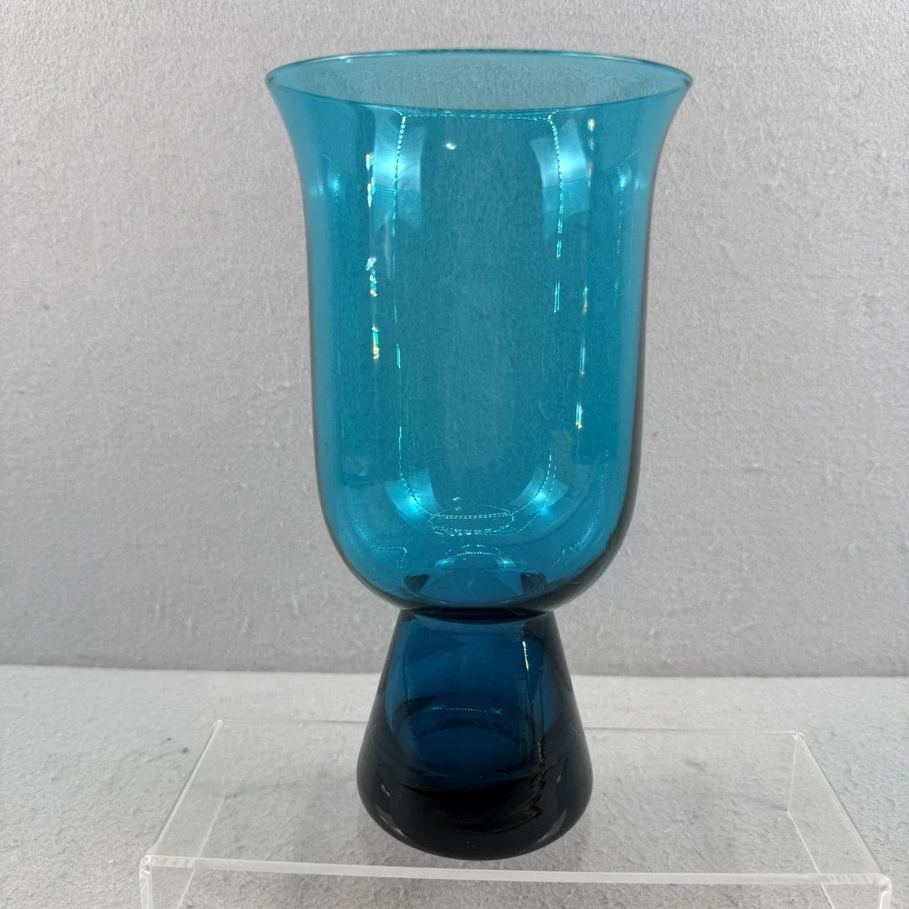 Vtg Morgantown Glass‎ Peacock Blue Carleen Hurricane Vase MCM Smooth 9